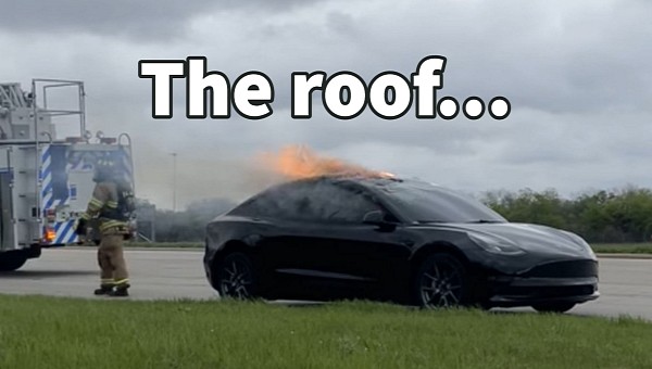 A Tesla Model 3 bursts into flames while driving