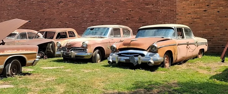 Studebakers in abandoned auto shop in Nebraska
