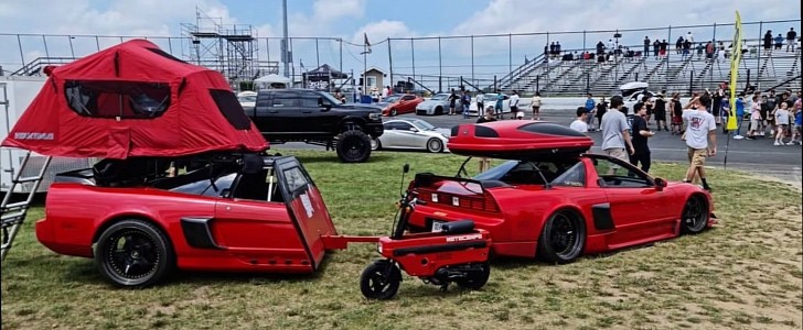 Acura NSX has DIY matching camper trailer out of 1/2 NSX, Honda Motocompo fits right in