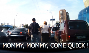 Aggressive Ukrainian Driver Gets Beaten and Retreats Behind His Mom