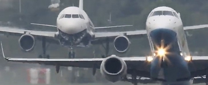 Landing Airbus A230 chasing departing Embraer 195