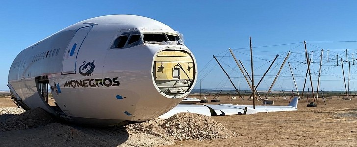 An Airbus A330 is converted into a 1,000-person nightclub for next year's desert rave in Spain