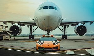 Airplanes to Chase a Lamborghini Huracan Down the Runway in Bologna, Italy