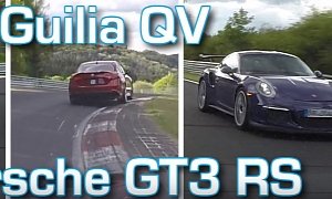 Alfa Romeo Giulia Q and Porsche 911 GT3 RS Become the Prey of a Nurburgring Wolf