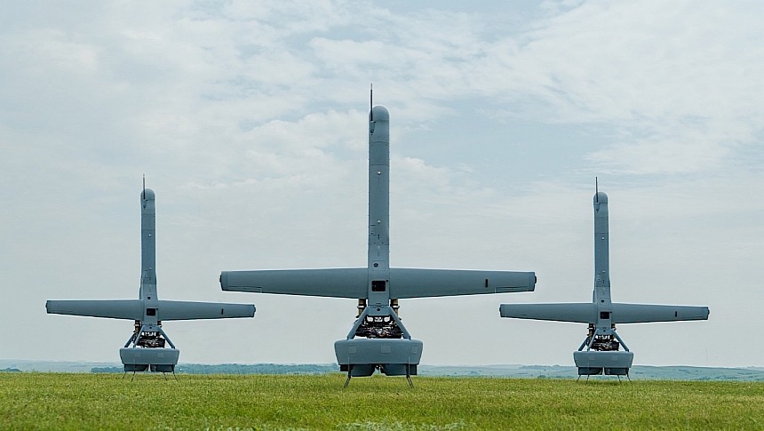 Three V-BAT drones flown by the Hivemind AI