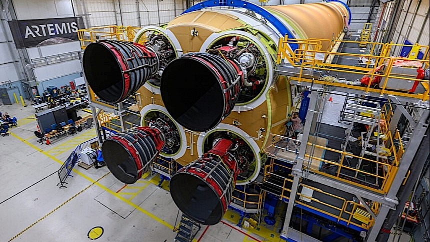 Four RS-25 engine on the bottom of the Space Launch System core stage