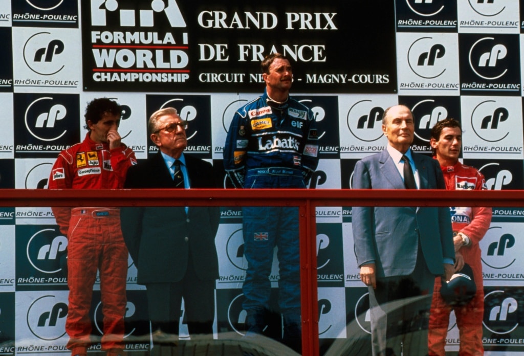 Nigel Mansell wins from Alain Prost and Ayrton Senna in the 1991 French Grand Prix