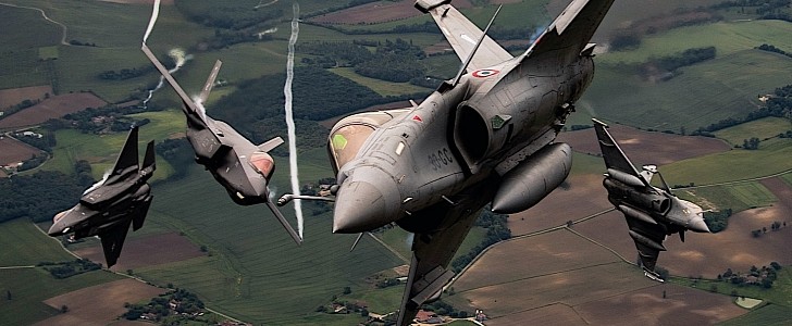 F-35A Lightning IIs meeting Dassault Rafales over Europe