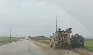 American Armored Truck Pushes Russian Military Vehicle Off the Road in Syria