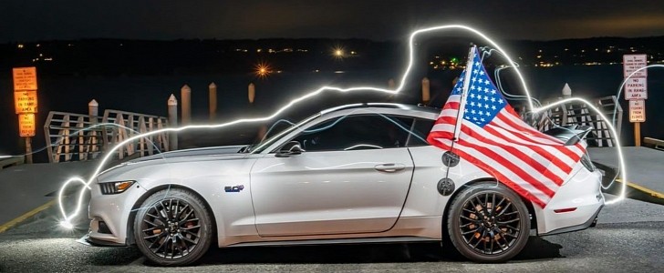 S550 Ford Mustang with American flag and light paint by officialbadflag on Instagram