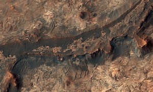 Ancient River Bed Snakes Like the Spine of a Dragon Over Martian Valley
