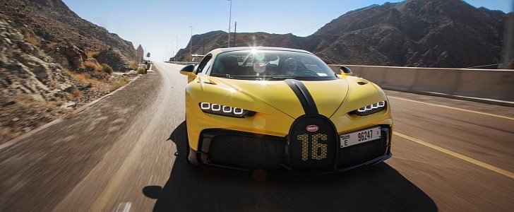 Bugatti Chiron Pur Sport driving in the Hajar mountains near Dubai