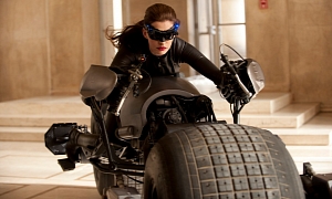 Anne Hathaway as Catwoman Riding the Bat-Pod in The Dark Knight Rises