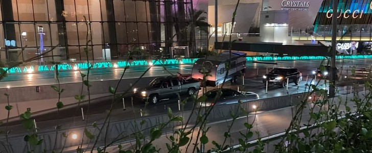 Chevy driver damages his trailer at a parking garage in Las Vegas