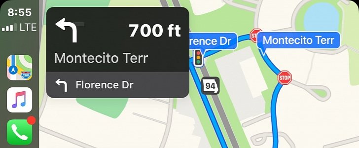 Apple Maps on CarPlay with traffic lights and stop signs