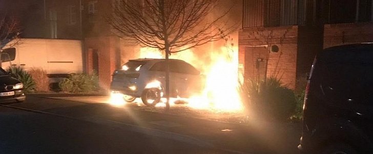 Audi Q3 burns in couple's driveway after being set on fire by 2 hooded males