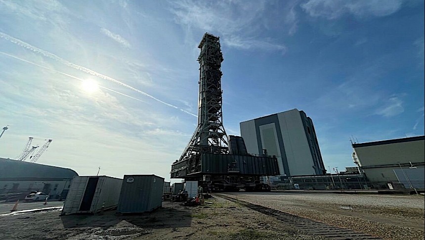 Artemis II mobile launcher on the way to the launch pad