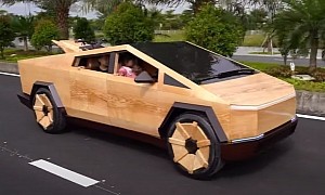Artist Creates Drivable Wooden Tesla Cybertruck for Elon Musk, Kids Adore It