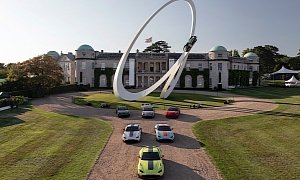 Aston Martin DBR1 Climbs the 2019 Goodwood Festival of Speed Central Sculpture
