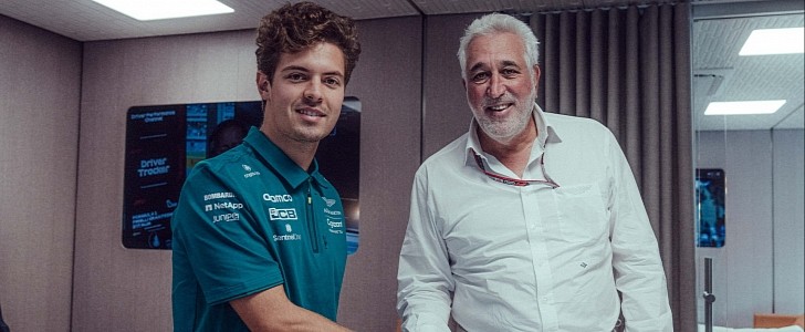 Aston Martin reserve driver Felipe Drugovich with team owner Lawrence Stroll
