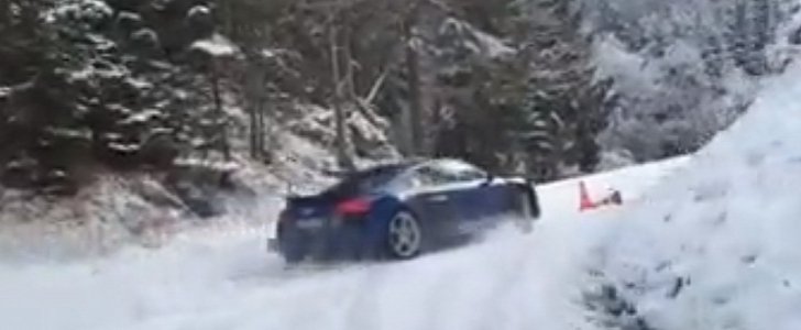Audi R18 V10 Plus Drifting On Snowy Mountain Road