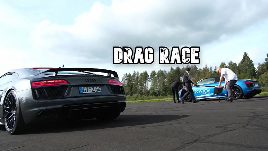 Audi R8 Coupe Drag Races and Rolls R8 Spyder