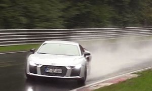 Audi R8 V10 Plus Nurburgring Near-Crash Looks like Aquaplaning-Induced Drifting