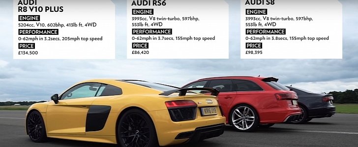 Audi R8 V10 Plus vs. RS6 vs. S8: The Lord of the Rings Drag Race
