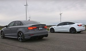 Audi RS3 Sedan Drag Races Tesla Model 3. Can quattro Win?