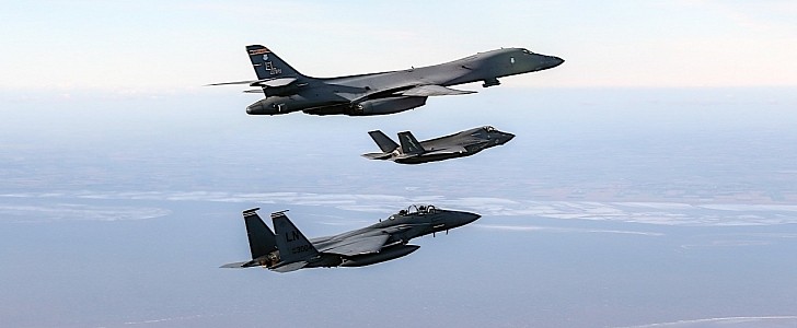 B-1 Lancer, F-15 Eagles and F-35B in flight for the Eighth Air Force
