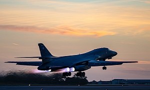 B-1B Lancer Takes Off at Dusk, The Bone Shows Us All Four GE Engines at Full Throttle