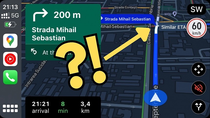 Google Maps in dark mode on CarPlay