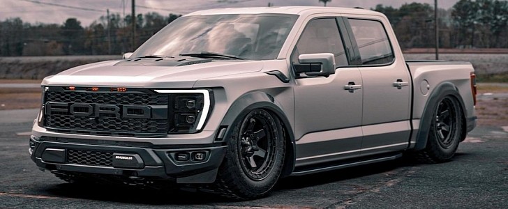 Bagged 2021 Ford F-150 Raptor Gen 3 riding on air suspension with 37s in rough metal rendering