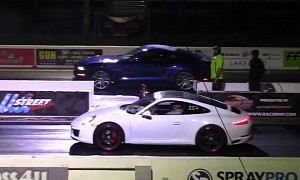 Base Porsche 911 Drags Ford Mustang GT and Audi S4, Conks Them Both Like a Boss