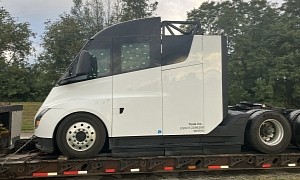 Battered Tesla Semi Spotted on a Trailer, Looks Like It Paid a Runaway Truck Ramp Visit