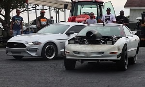 Big Block Nitrous Pontiac Firebird Rolls on 26s, Drags Mustang GT and Loser Almost Crashes