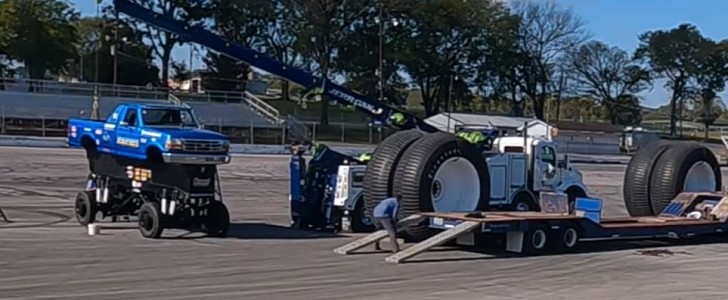 Bigfoot #5 with regular-sized tires, ready to be moved by trailer