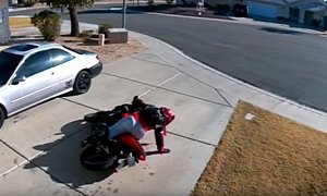 Biker Falls Down in the Driveway, Hilariously Struggles With Her Wheels