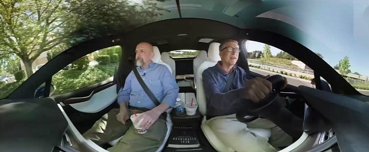 Bill Gates and Neal Stephenson in Neal's Tesla Model X