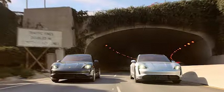 Alex Winter and Keanu Reeves drive the Porsche Taycan 