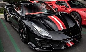 Black Ferrari 488 Pista Standout Spec Has Red/Wite Strips Inside And Out