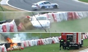 Black Magic Porsche 911 Crashes and Drives Away, Leaving the Track On Fire