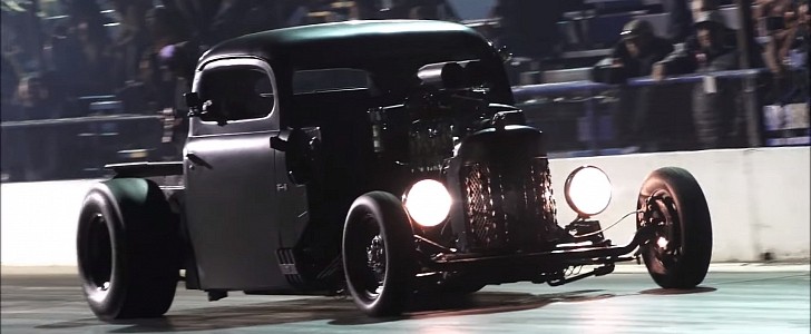 Ford-based rat rod at the drag strip