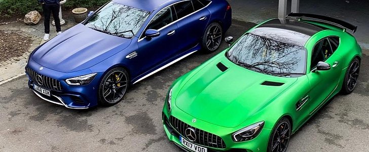 Blue Amg Gt 63 S Four Door Looks Good Next To Green Amg Gt R Coupe