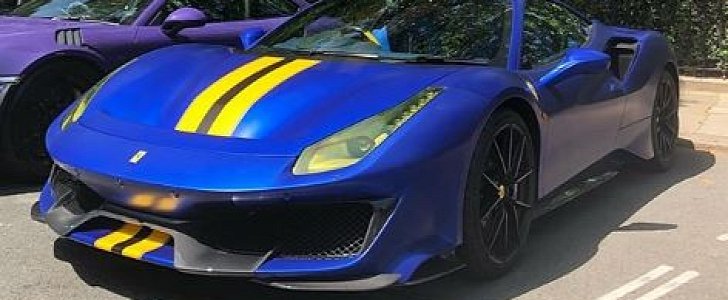 Blue Ferrari 488 Pista with Yellow Lights