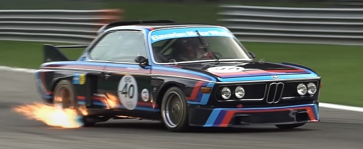 BMW 3.0 CSL race car spitting flames