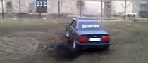 BMW E34 5 Series Drifts in a Backyard