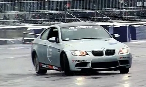BMW E92 M3 on Skinny Tires Slides Around in the Wet