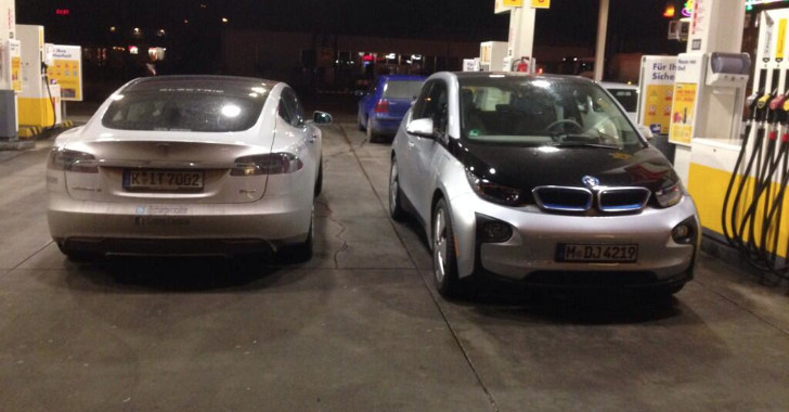 Tesla Model S vs BMW i3 in a Gas Station