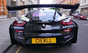 BMW i8 with Monstrous Rear Wing Stands Out in London, Has Wacky Camo Wrap